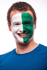 Face Portrait of Northern Irishman football fan pray for Northern Ireland national team on white background. European 2016 football fans concept.