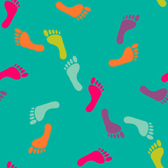 Vector seamless bare footprint pattern. Collection of randomize bare foots in acid colors. Design for frames, textile, fabric, invitation and greeting cards, booklets and brochures, website