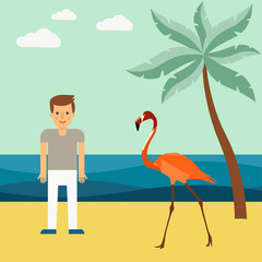 Illustration of palm trees and flamingos on the beach