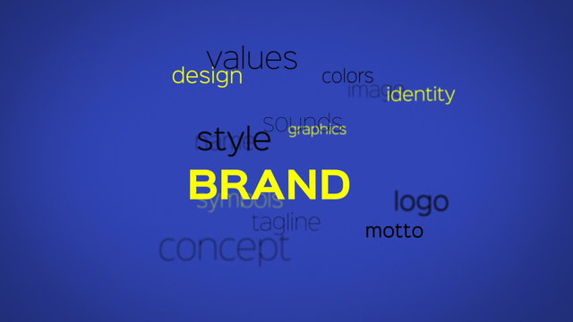 Floating array or word cloud of brand related terminology words on a blue background.