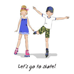 Roller skater. Skating girl, boy. Cartoon couple.