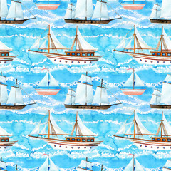 Watercolor sailing ships seamless pattern
