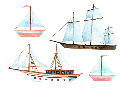 Watercolor sailing ships set