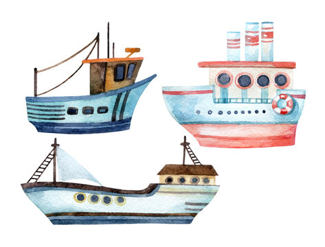 Watercolor modern ships set