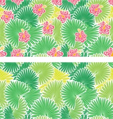  Set of seamless patterns with palm trees leaves  and  Frangipani © lian_2011