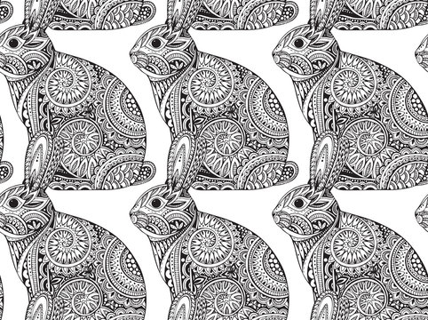 Seamless pattern with hand drawn graphic orante rabbits