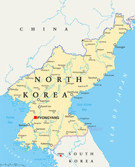 North Korea political map with capital Pyongyang, national borders, important cities, rivers and lakes. English labeling and scaling. Illustration.