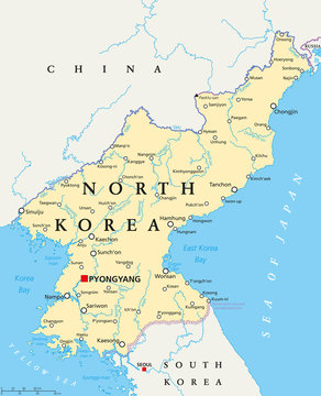 North Korea political map with capital Pyongyang, national borders, important cities, rivers and lakes. English labeling and scaling. Illustration.