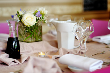 Beautiful table set for some festive event or wedding reception