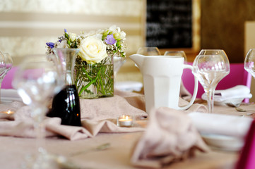 Beautiful table set for some festive event or wedding reception