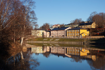 Fototapeta premium Porvoo, Finland. Classic old houses and their reflection in the river
