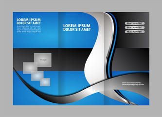 Template design of blue trifold brochure with polygons. Editable and light vector with places for photos. Proportionally A4
