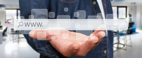 Man surfing on internet with digital tactile web address bar