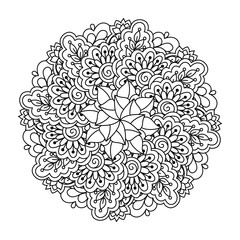 Round element for coloring book. Black and white floral pattern. Vector illustration.
