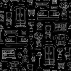 Vector seamless pattern with hand drawn furniture and decoration on black color