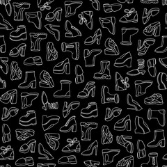 Vector seamless pattern with hand drawn isolated shoes on black
