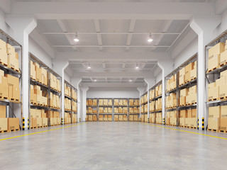 Warehouse with many racks and boxes. 3d illustration.