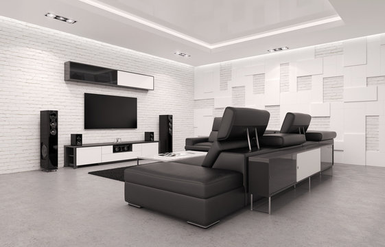 Home Theater Interior with Billiard Table. 3d Illustration.