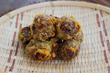 Kuih kasturi on rattan tray. Kuih kasturi is malaysian food
