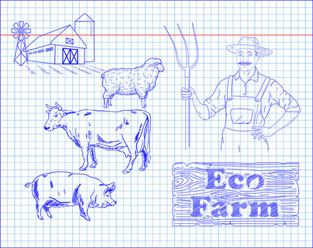 beautiful beef diagram, pork, lamb and farmer