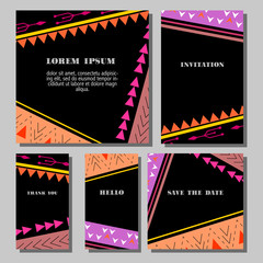 
Vector illustration set of artistic colorful universal cards. Wedding, anniversary, birthday, holiday, party. Design for poster, card, invitation. Boho tribal  geometric pattern