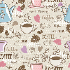 Beige naadloze patronen met koffie set, hart, bloem en tekst.