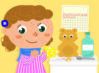 Happy ill girl with red pustules. Vector illustration about childhood.