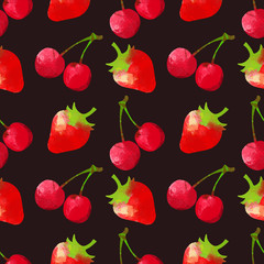 Seamless pattern with watercolor cherry and strawberry