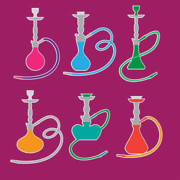 PrintHookah labels and smoke logo. Set of oriental nargile silhouettes. Isolated  traditional shishe
