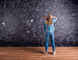 Thinking student holding head against big blackboard, back view