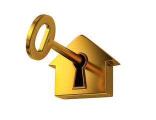 Golden key in keyhole