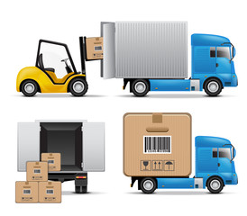Shipment icons set with truck, boxes and forklift.
