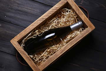 Wine bottle in a crate