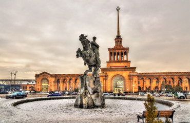 David of Sassoun statue and Yerevan Railway Station