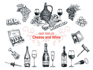 Vector set of vine and cheese elements. 