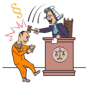 Angry judge with gavel makes verdict for law. Cruel judge beats the defendant a gavel on the head. Vector cartoon  illustration