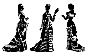 Antique dressed ladies. Victorian style fashion vector illustration.Vintage collection of retro women silhouettes