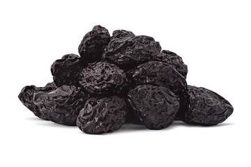 Pile of raw organic prunes, dried plums, isolated on a white background