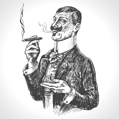Elegant gentleman holding glass of beverage and cigar. Vintage vector engraving style. Victorian Era hand drawn illustration