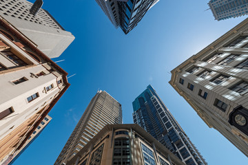 Five tall buildings upright