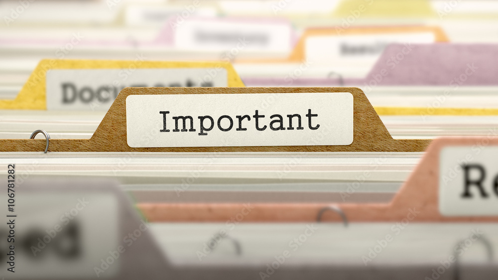 Poster important concept. colored document folders sorted for catalog. closeup view. selective focus. 3d re