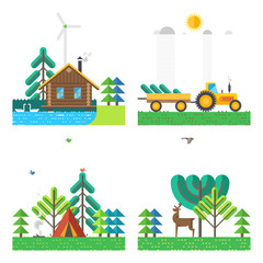 Set of 4 illustrations - House on the lake, Tractor carrying wood, Campground, Deer in the forest. Ecosystem, wildlife. House hunter. Flat design.