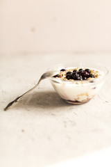 Glass 0f yogurt with muesli and black currants