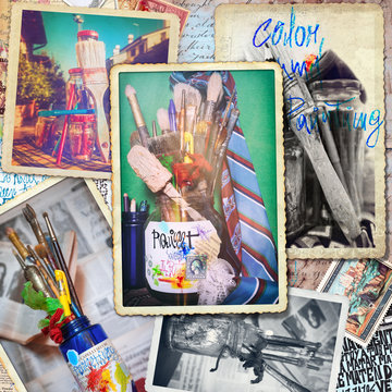 Postcards vintage-art, paint, pencils, paints and brushes
