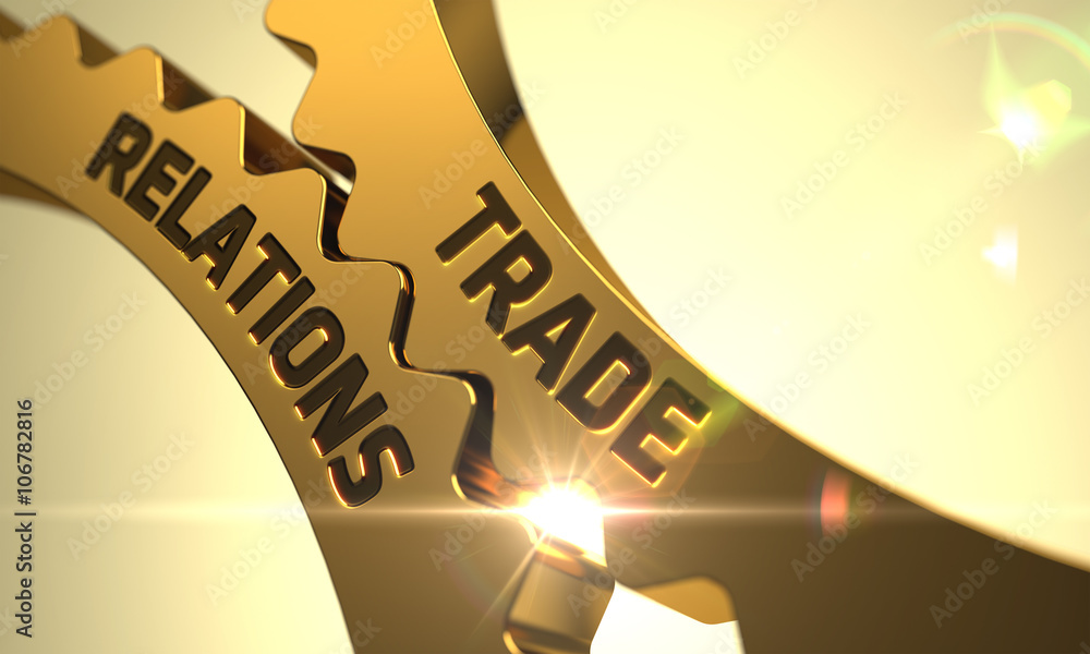 Poster golden gears with trade relations concept. trade relations golden cog gears. trade relations on the 