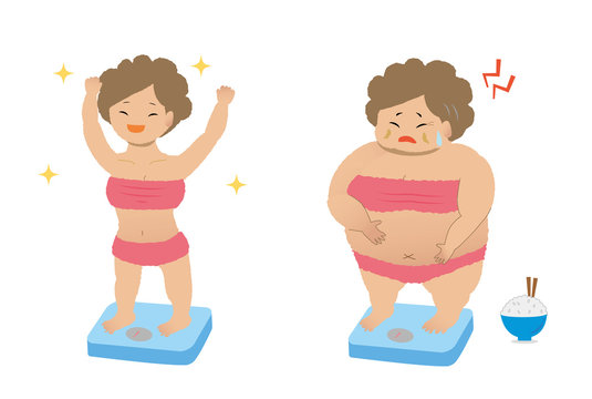 big fat middle age woman on the weighing-machine.vector art set