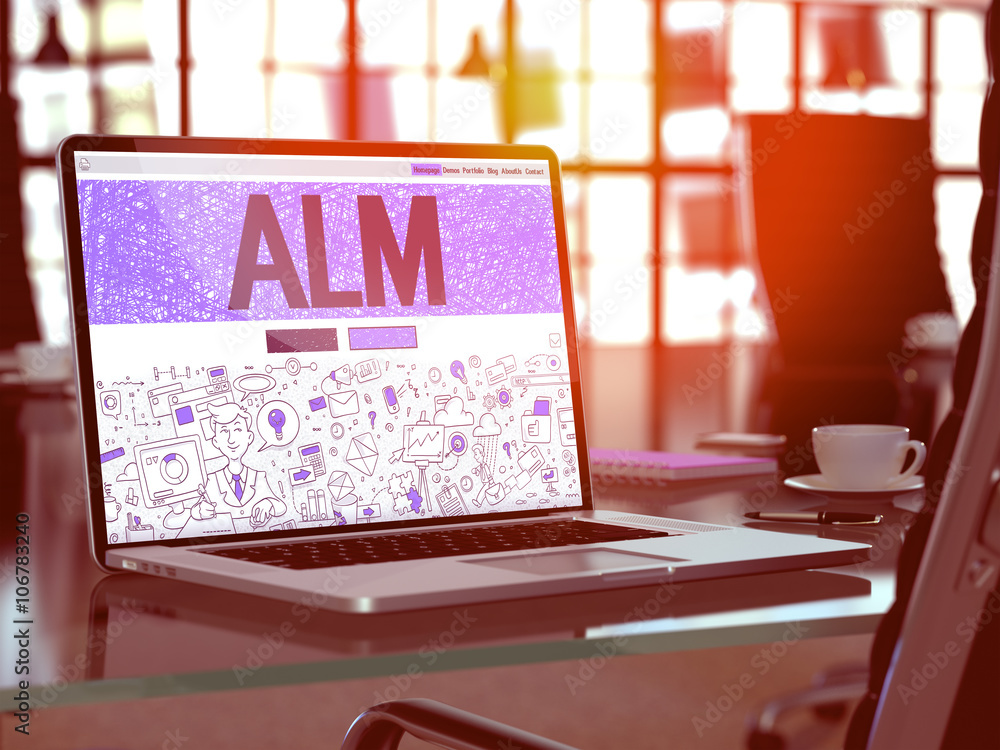 Poster alm - application lifecycle management - concept - closeup on landing page of laptop screen in moder