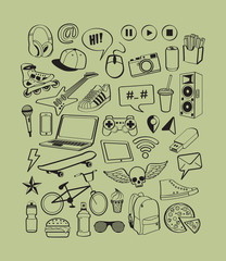 Set icons of dream and thought of teenage boy. Teenagers having fun.  Boy teens life. Doodles elements for design thinking idea with cool, sports, music, multimedia, delicious, shoes backgrounds.