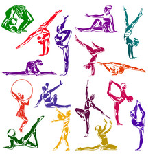 Set of gymnasts vector color silhouettes