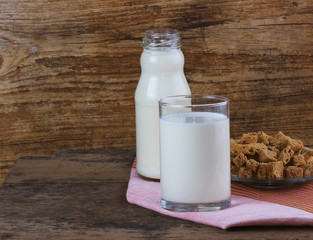 Milk in glass on old wooden floor.